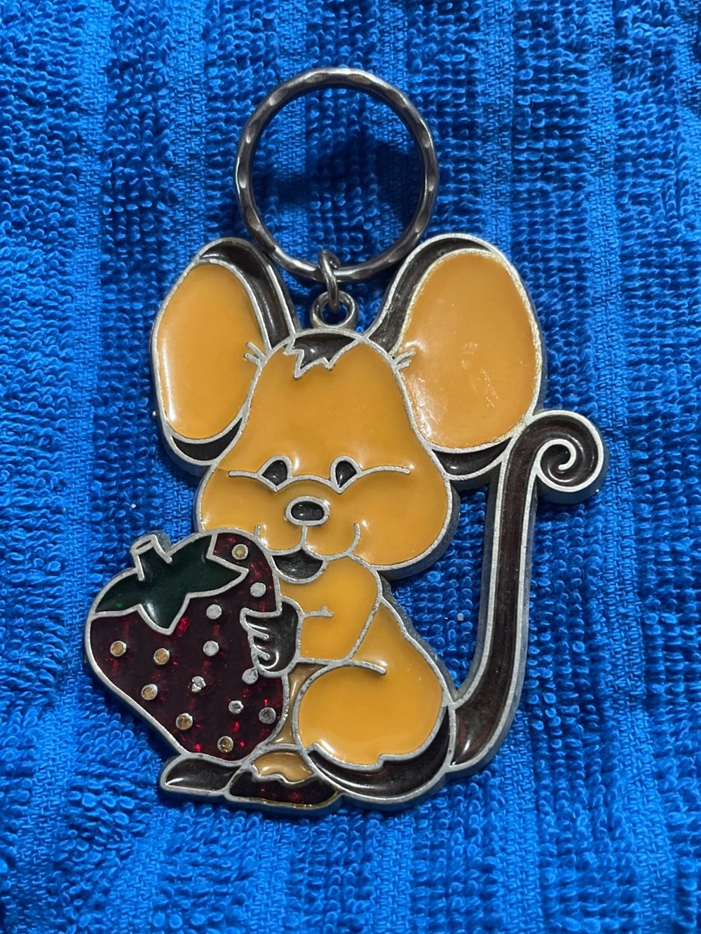 Vintage Mouse with Strawberry Enamel Keychain Preowned